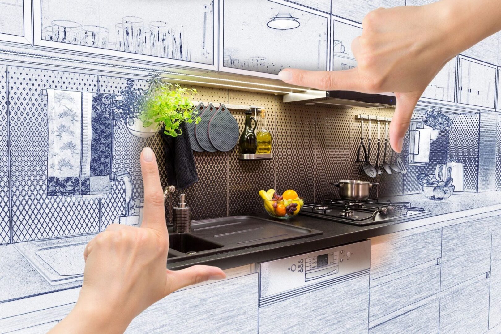 A person holding their hands over an image of a kitchen.